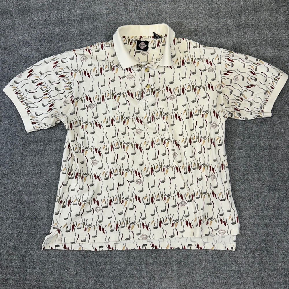 Tabasco Golf Team Mens Medium Polo Shirt Cream Chili Pepper Golf Club Print